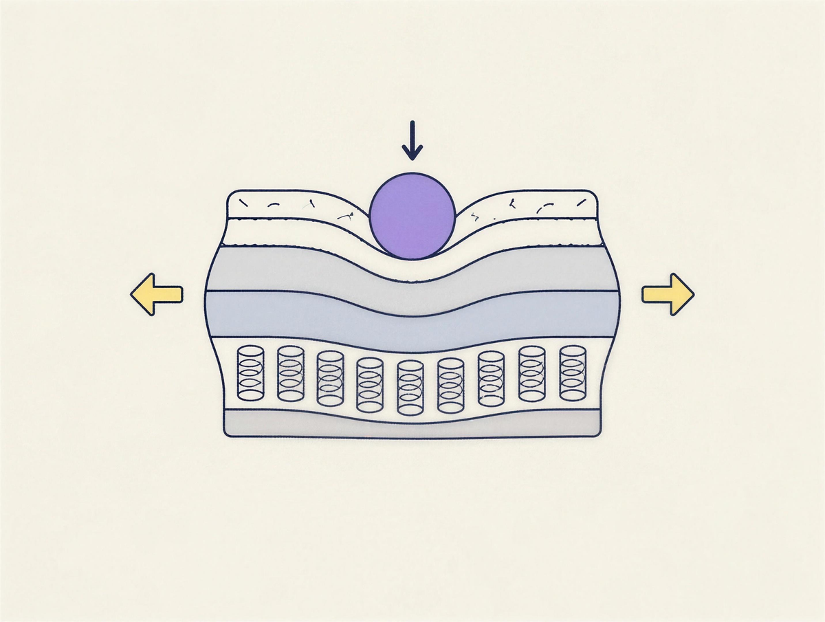 Layered mattress squashing under pressure, its sides bulging outward